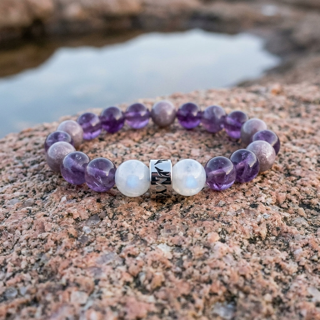 Bracelet La Veilleuse en amethyste, pierre de lune blanche et lepidolite, pose sur du granit rose a l&