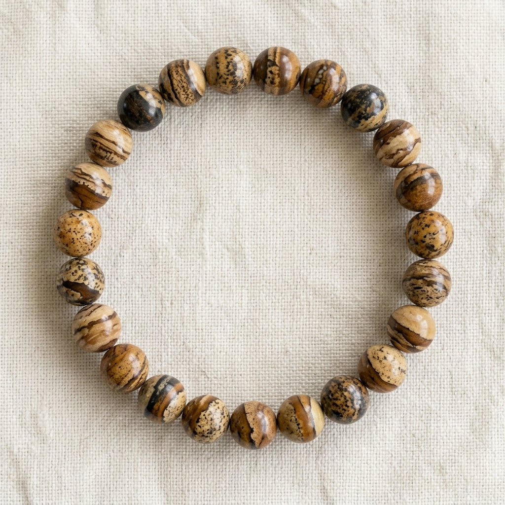 Bracelet en jaspe paysage : perles rondes de pierre naturelle de 8 mm sur elastique, sans interperle (variante temporaire), vu de dessus sur du lin ivoire - visuel provisoire