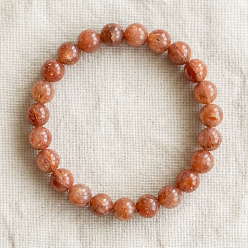 Bracelet en pierre de soleil : perles rondes de pierre naturelle de 8 mm sur elastique, sans interperle (variante temporaire), vu de dessus sur du lin ivoire - visuel provisoire