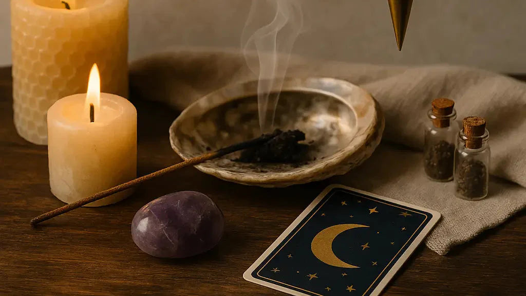 Bannière d’accessoires ésotériques – encens, pierre d’améthyste, bougies et carte d'oracle sur table en bois – Mystic Moon