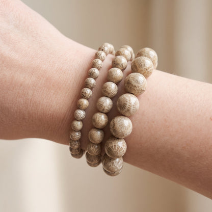 Trois bracelets en corail fossilisé de diamètres différents, portés ensemble au poignet - visuel provisoire