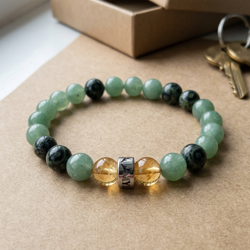 Bracelet Le Verger en aventurine verte, jaspe kambaba et citrine, pose sur du papier kraft pres d&