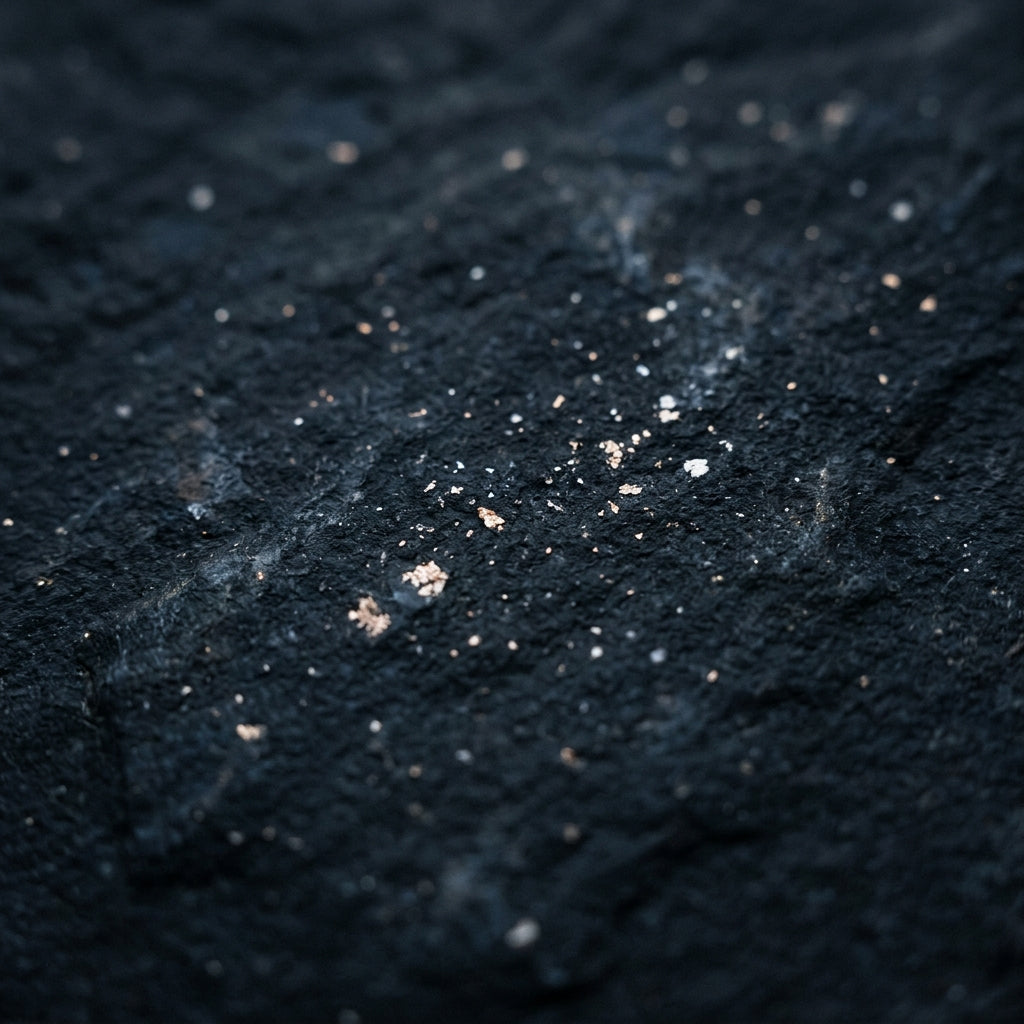 Macro d'une roche sombre parsemee de fines paillettes claires qui accrochent la lumiere - visuel provisoire