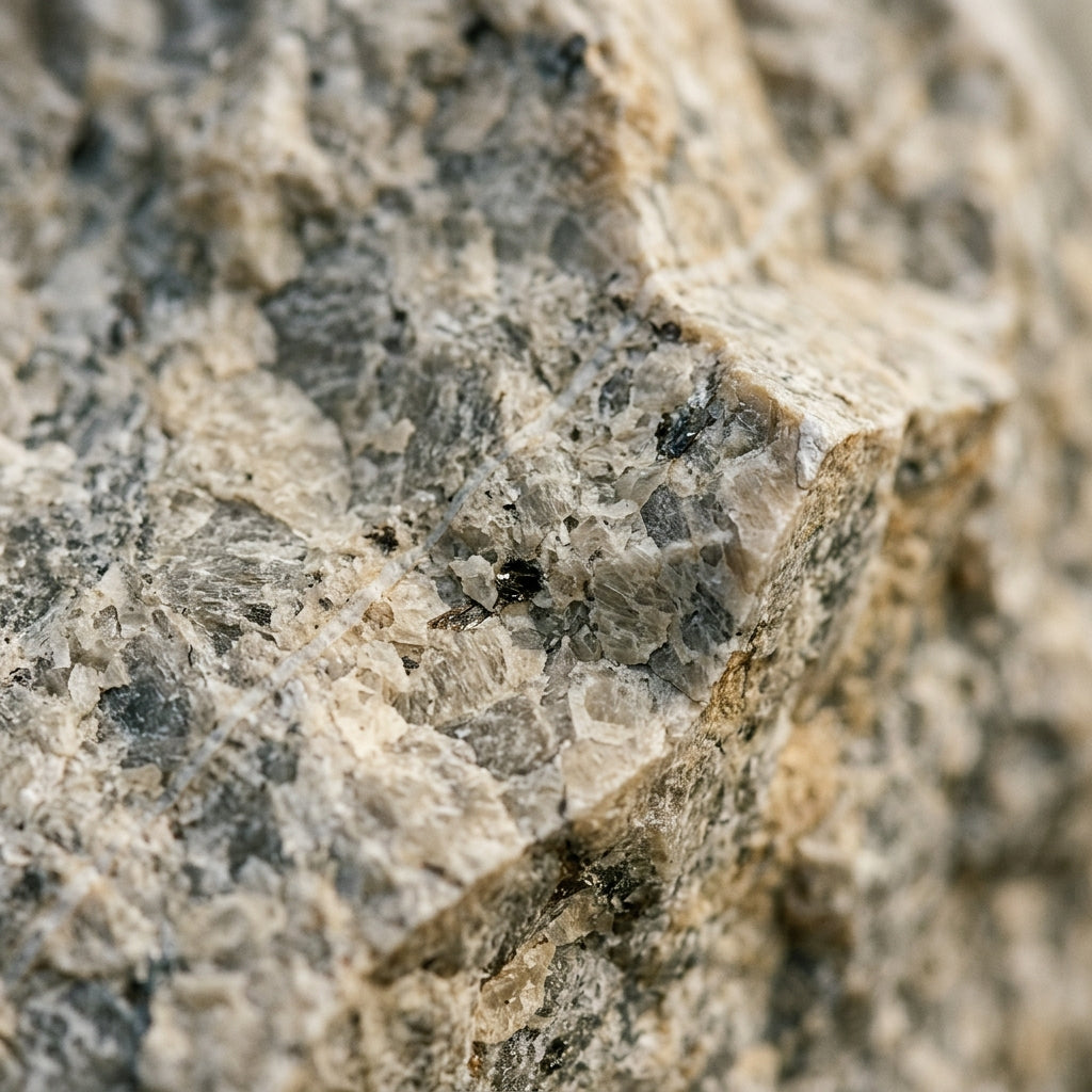 Macro d'une cassure de roche : grains cristallins imbriques, veine claire et paillettes de mica - visuel provisoire