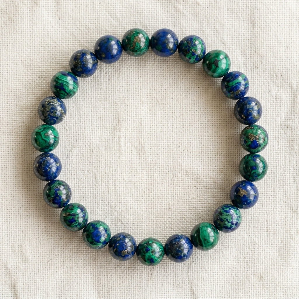 Bracelet en azurite malachite : perles rondes de pierre naturelle de 8 mm sur elastique, sans interperle (variante temporaire), vu de dessus sur du lin ivoire - visuel provisoire