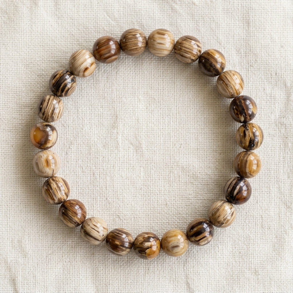 Bracelet en bois fossilisé : perles rondes de pierre naturelle de 8 mm sur elastique, sans interperle (variante temporaire), vu de dessus sur du lin ivoire - visuel provisoire