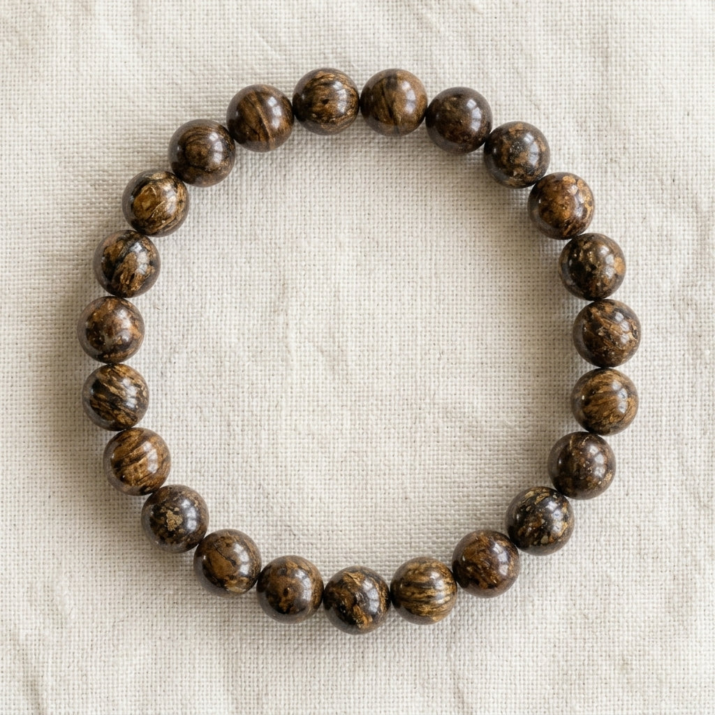 Bracelet en bronzite : perles rondes de pierre naturelle de 8 mm sur elastique, sans interperle (variante temporaire), vu de dessus sur du lin ivoire - visuel provisoire