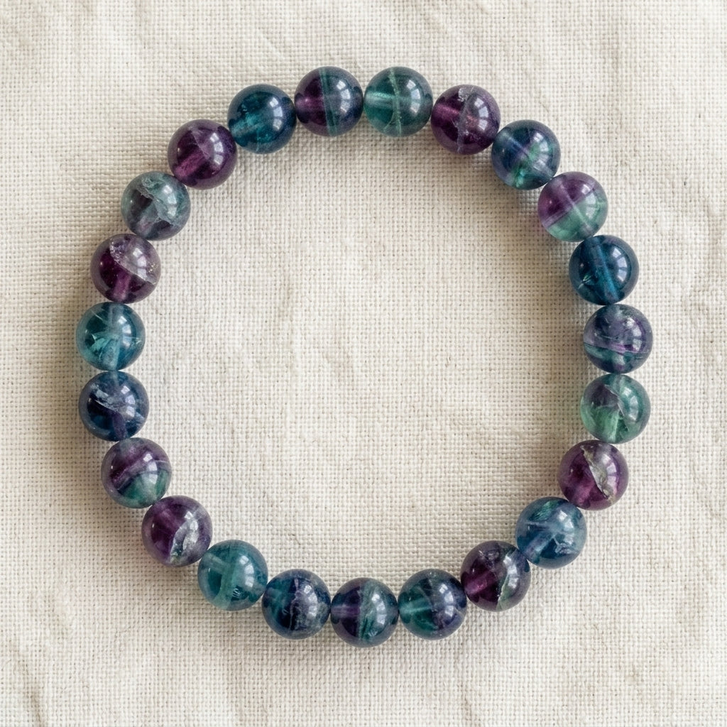 Bracelet en fluorite : perles rondes de pierre naturelle de 8 mm sur elastique, sans interperle (variante temporaire), vu de dessus sur du lin ivoire - visuel provisoire