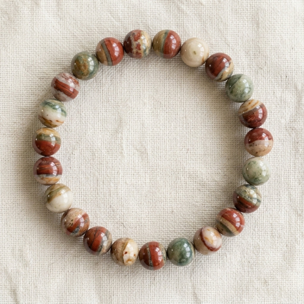 Bracelet en jaspe polychrome : perles rondes de pierre naturelle de 8 mm sur elastique, sans interperle (variante temporaire), vu de dessus sur du lin ivoire - visuel provisoire