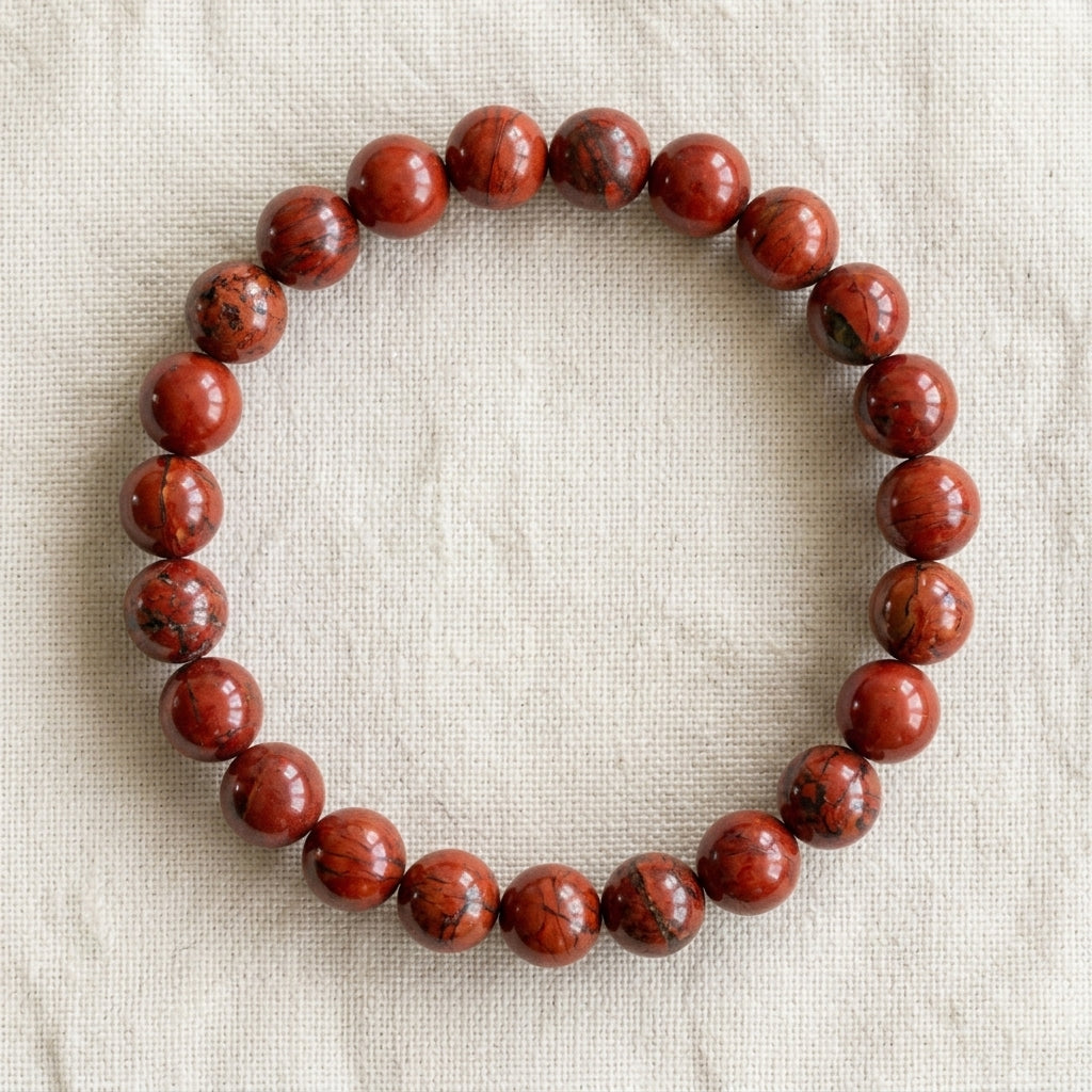 Bracelet en jaspe rouge : perles rondes de pierre naturelle de 8 mm sur elastique, sans interperle (variante temporaire), vu de dessus sur du lin ivoire - visuel provisoire