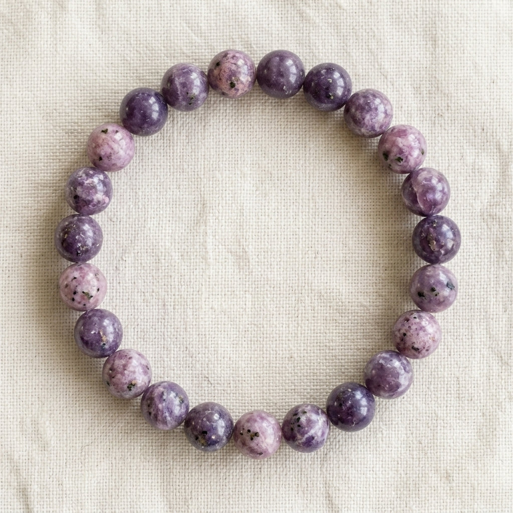 Bracelet en lépidolite : perles rondes de pierre naturelle de 8 mm sur elastique, sans interperle (variante temporaire), vu de dessus sur du lin ivoire - visuel provisoire