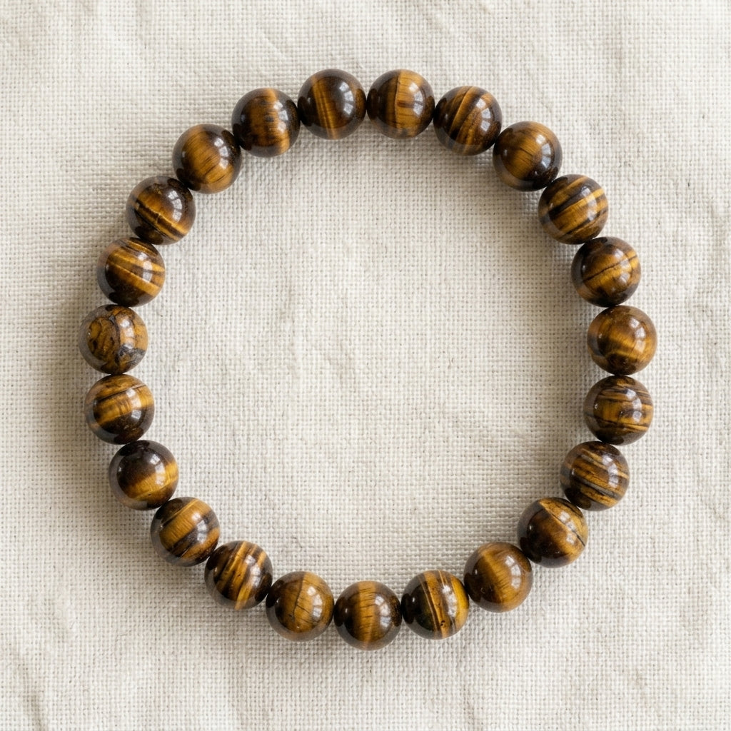 Bracelet en oeil de tigre : perles rondes de pierre naturelle de 8 mm sur elastique, sans interperle (variante temporaire), vu de dessus sur du lin ivoire - visuel provisoire