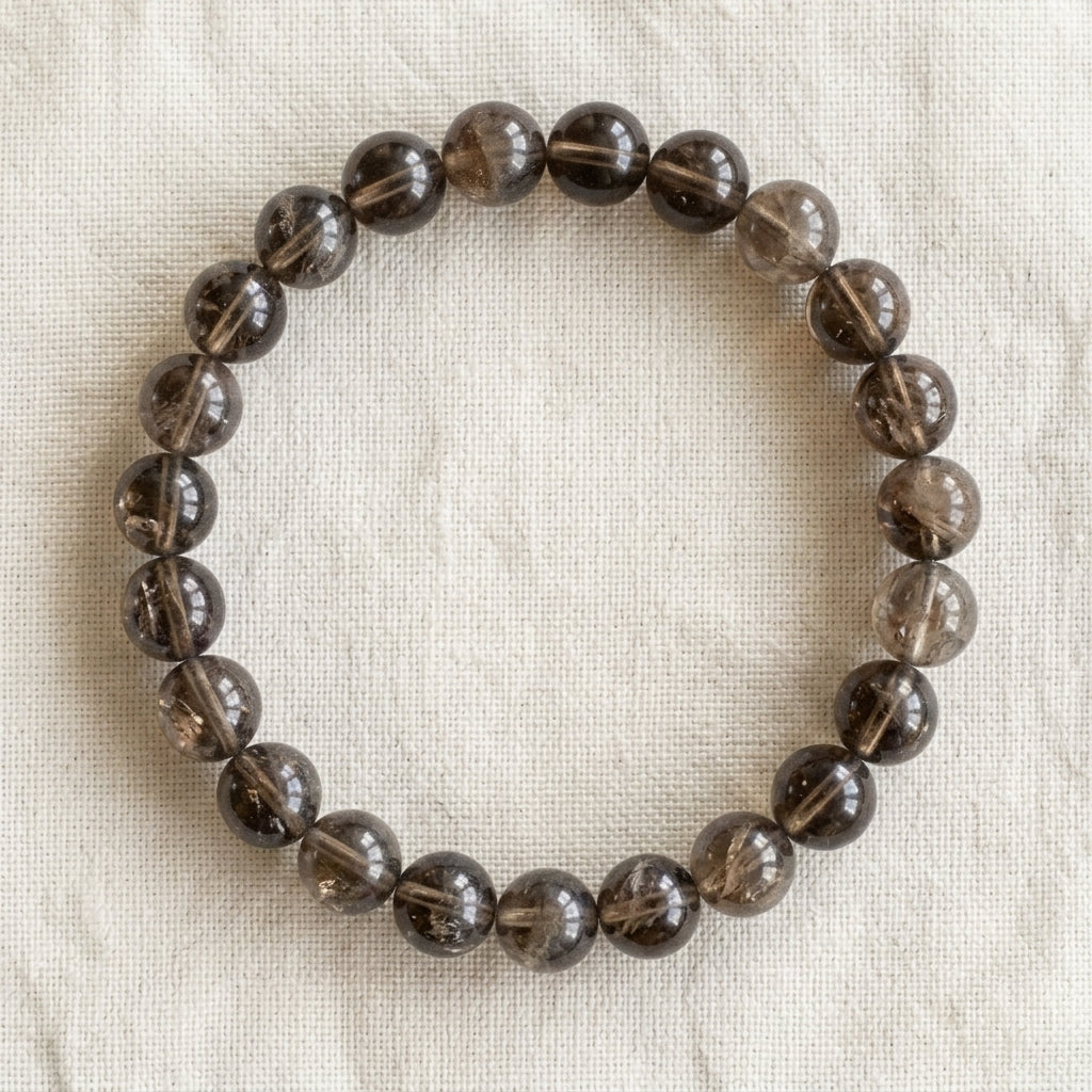 Bracelet en quartz fumé : perles rondes de pierre naturelle de 8 mm sur elastique, sans interperle (variante temporaire), vu de dessus sur du lin ivoire - visuel provisoire