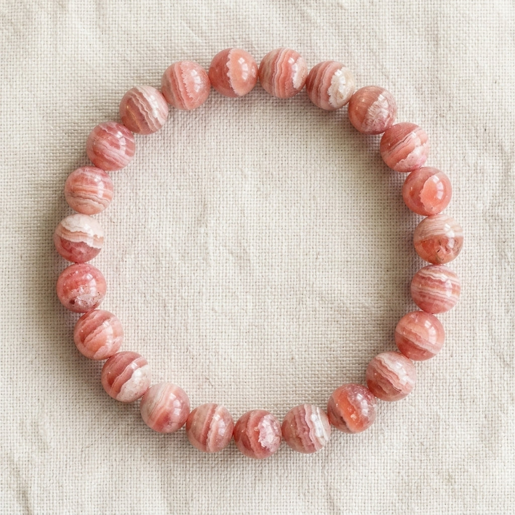 Bracelet en rhodochrosite : perles rondes de pierre naturelle de 8 mm sur elastique, sans interperle (variante temporaire), vu de dessus sur du lin ivoire - visuel provisoire