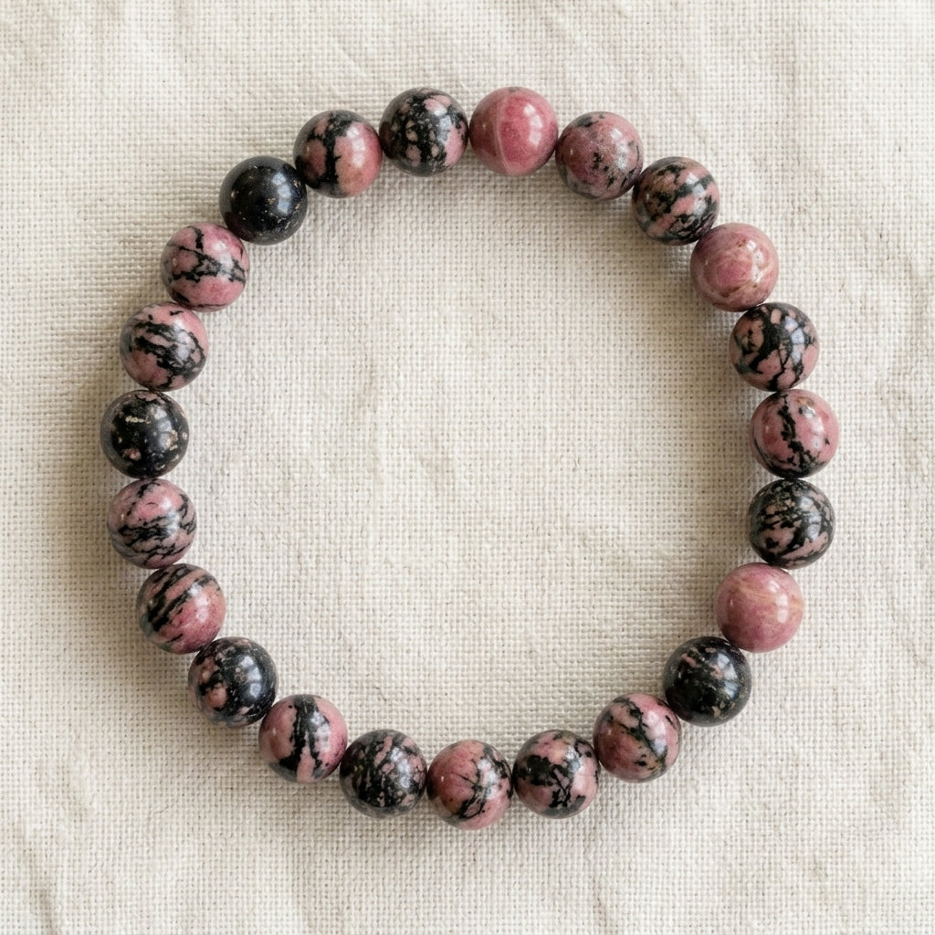 Bracelet en rhodonite : perles rondes de pierre naturelle de 8 mm sur elastique, sans interperle (variante temporaire), vu de dessus sur du lin ivoire - visuel provisoire